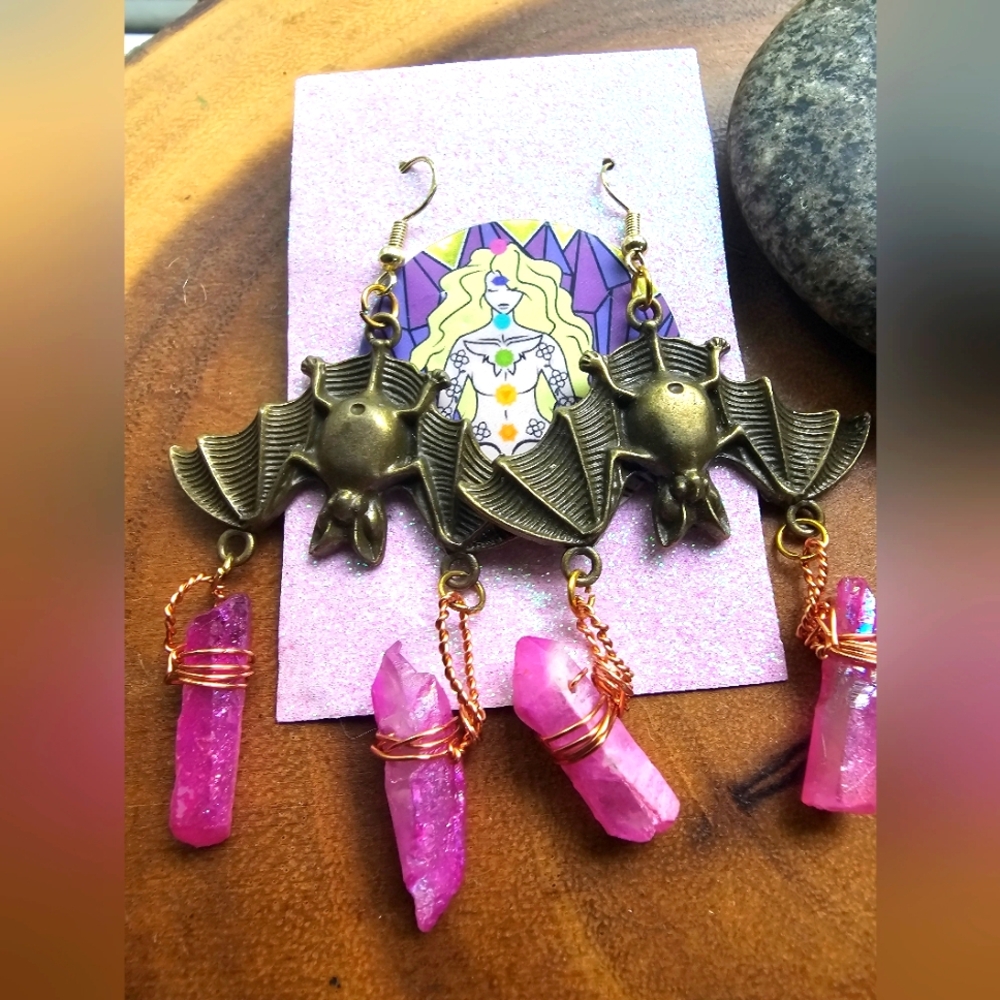 Bronze Bat Earrings with Pink Crystal Accents Handmade By Jennifer🥰